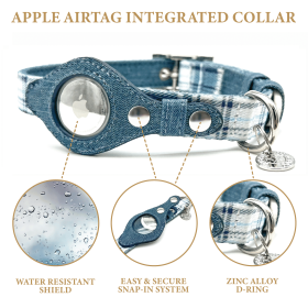 Apple Airtag Integrated Collar (Color: Blue Plaid, size: small)